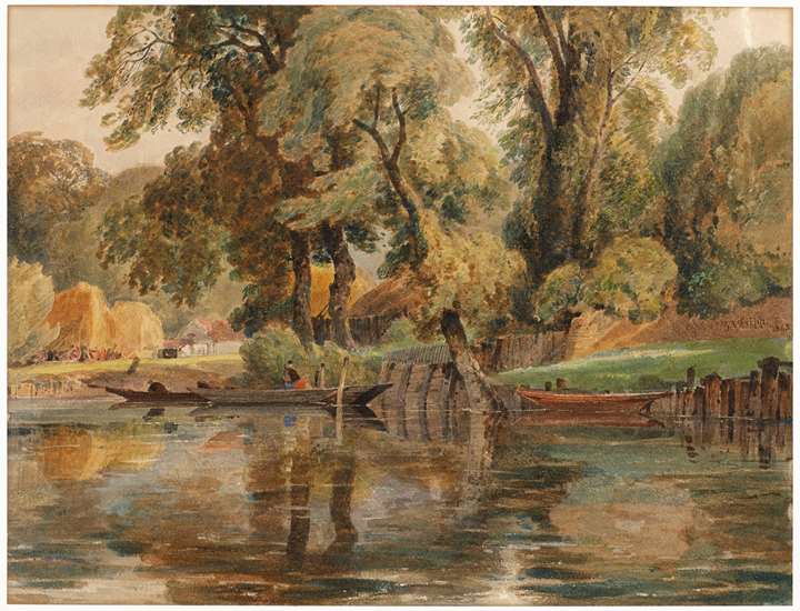 A Wooded River Landscape with Punts and Haystacks Beyond